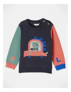 Ollie Dino Car Intarsia Jumper In Navy
