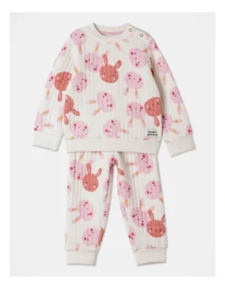 Ellis Bunny Print Quilted Pyjama Set In Oat Marle