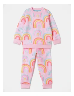 Ellis Rainbow Print Quilted PJ Set In Pink