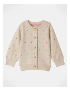 Dotty Rainbow Bobble Knit Cardigan In Oatmeal
