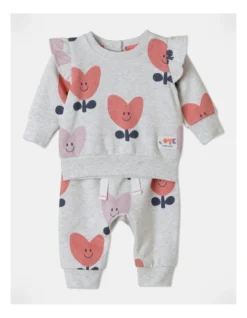 Ava Love Heart Top & Bottom Sweat Set In Grey Marle