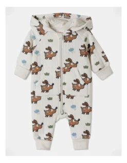 Lexi Happy Puppy Quilted Hooded Coverall In Dusty Pink