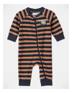 Terry Stripe Coverall With Snail Embroidery In Navy